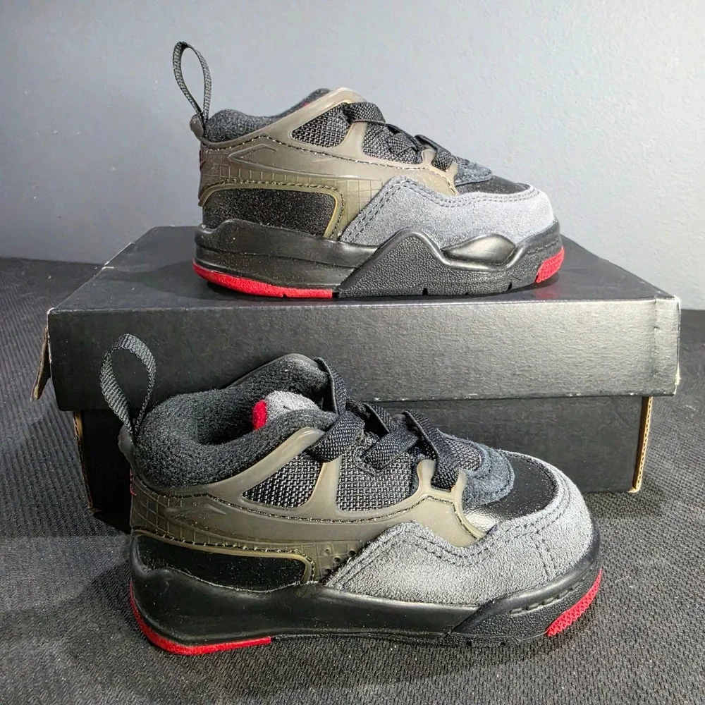 New 4C Jordan 4 RM TD FQ7937-060 Black Varsity Red Anthracite Toddler Box Damage